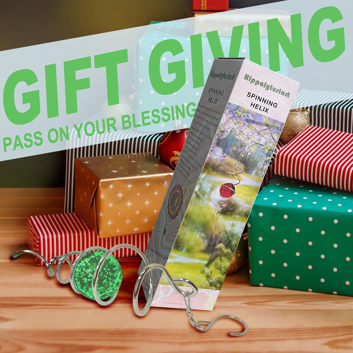 Glow in The Dark Gazing Ball Spiral Tail,Wind Spinner Tail Yard Art Decor,Hanging Rotating Sun Catcher Wind Spinners Stabilizer,Indoor Outdoor Garden Decoration Christmas Ornament-13in