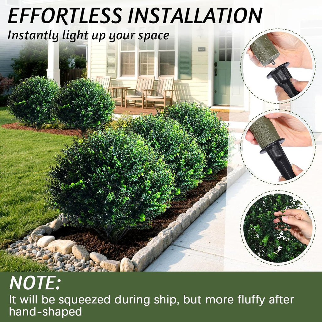 Yunlly 6 Pcs 18 Inch Artificial Boxwood Ball Topiary Tree Fake Outdoor Plants Bush, UV Resistance Faux Shrubs with Spike Realistic Greenery Potted for Indoor Garden Yard Porch Patio Decor (Dark Green)