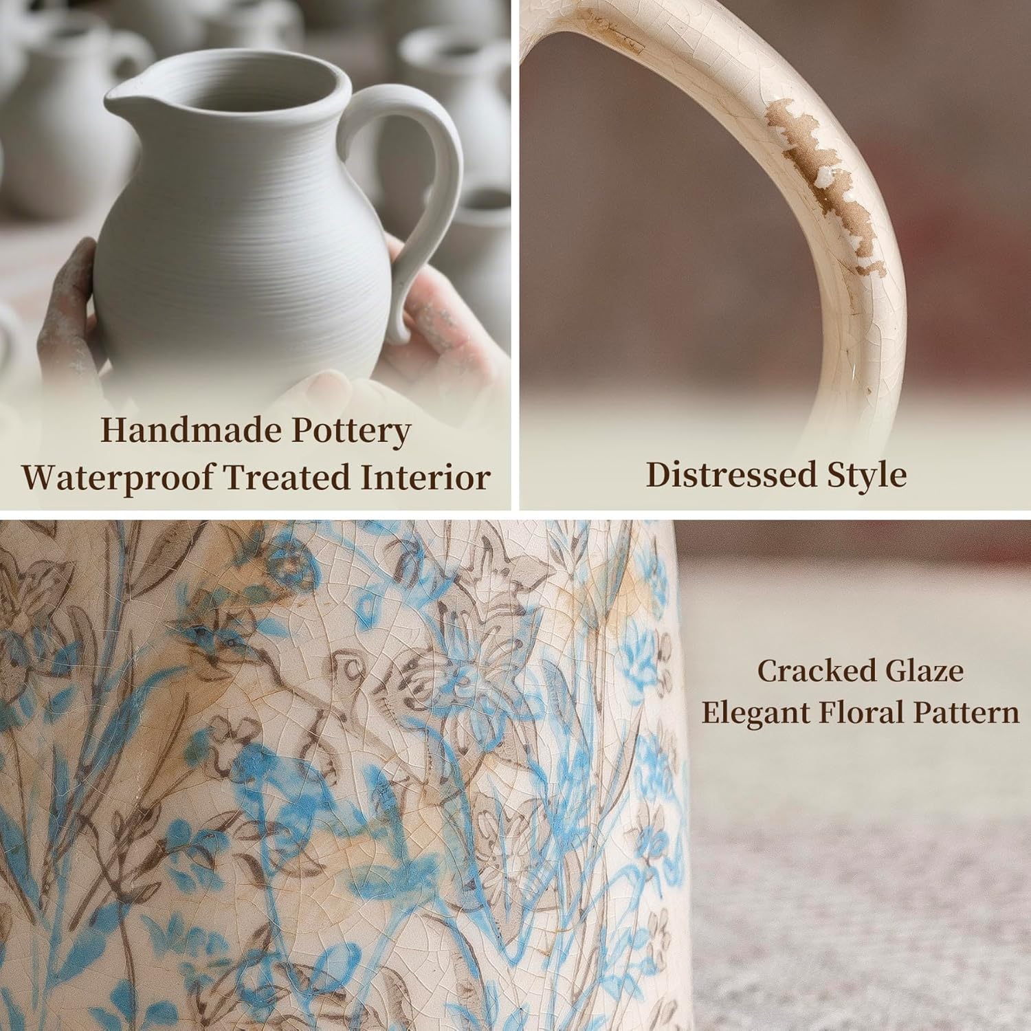 Vintage Ceramic Pitcher Vase with Handle, Farmhouse Blue and Brown Large Floral Vases, French Country Decorative Vase, Rustic Table Centerpiece for Home Decor Living Room, Bookshelf, Office 10.5 Inch