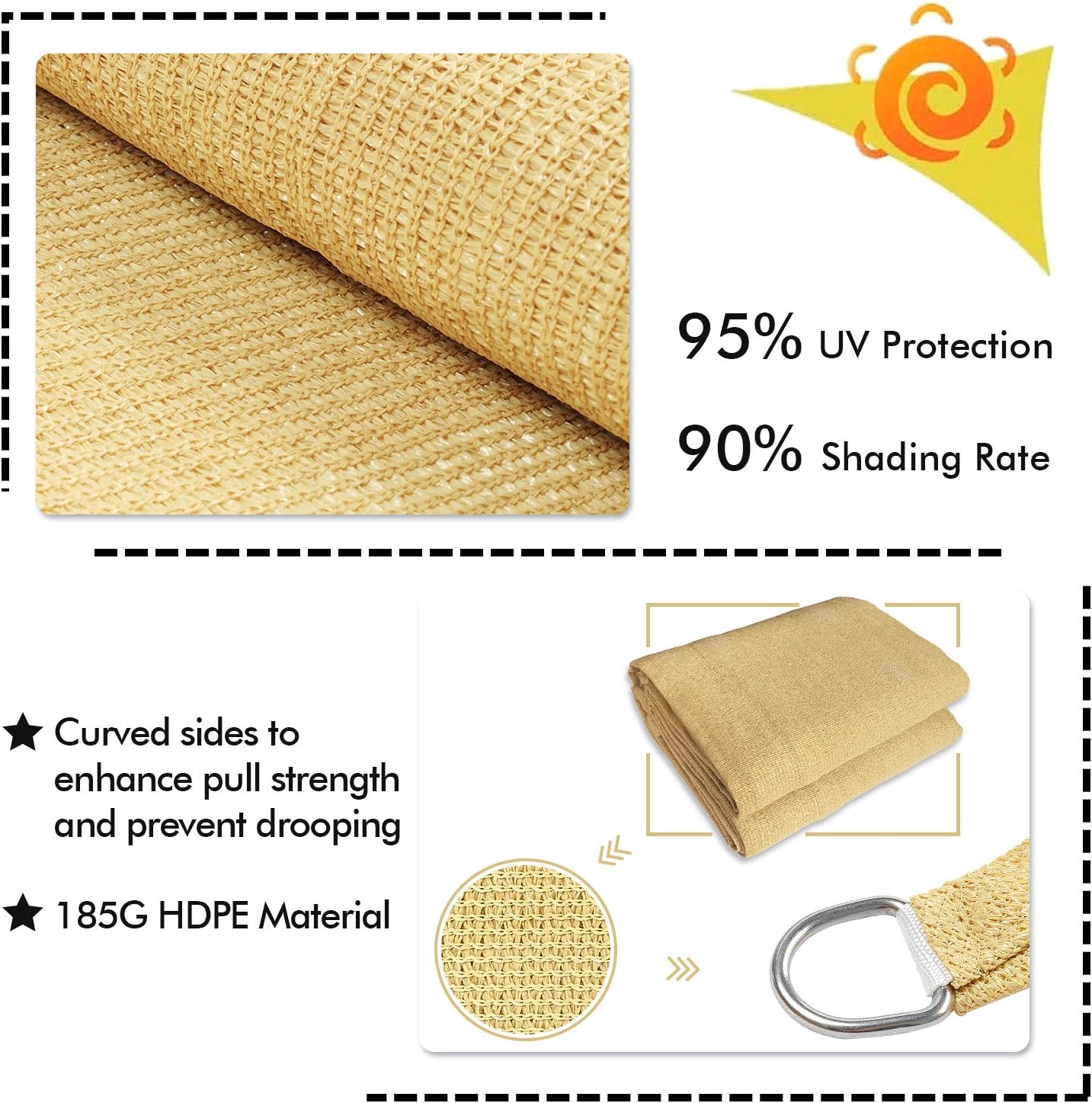 KANAGAWA Sun Shade Sail 7'x13' Sand Rectangle UV Block Canopy Awning Shelter Fabric Cloth Screen for Outdoor Patio Garden Backyard Activities