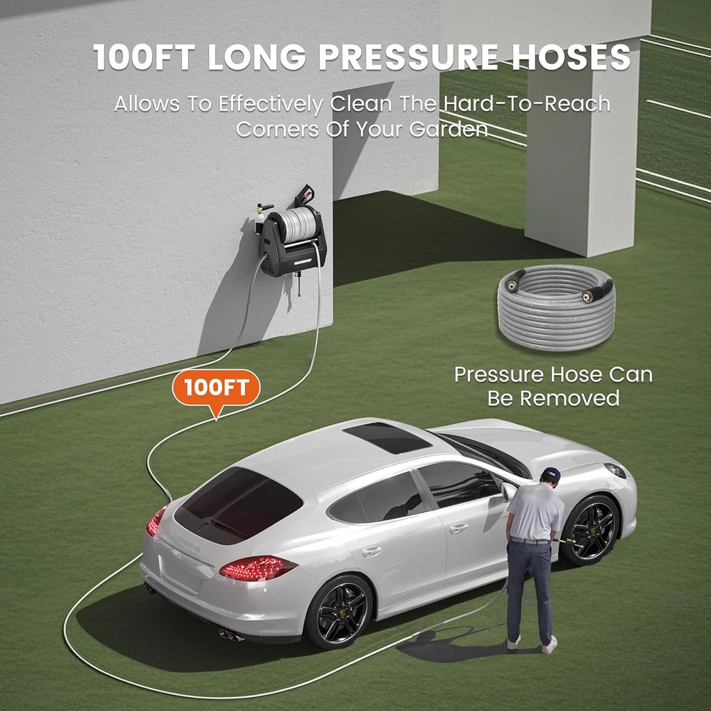 Giraffe Tools Grandfalls Wall Mount Pressure Washer Plus+, Max 2900PSI 2.2 GPM, Electric Power Washer with 100ft Pressure Hose for Car/Patios, Automatic Rewind, Dark Silver