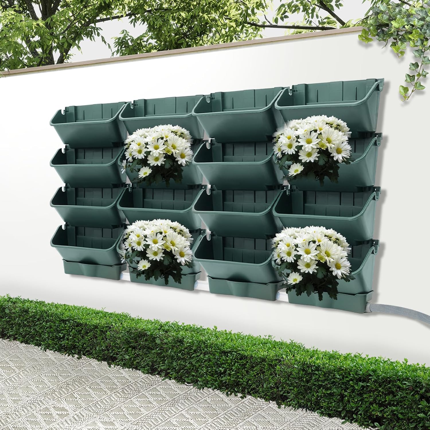 Vertical Wall Planter with 16 Pots, Hanging Garden Plant Flowerpot Holder, Stackable Wall-Mounted Planter, Balcony Planters for Flowers Vegetables Fruits (Army Green, 16 Pots+4 Drainage Planters&Pipe)