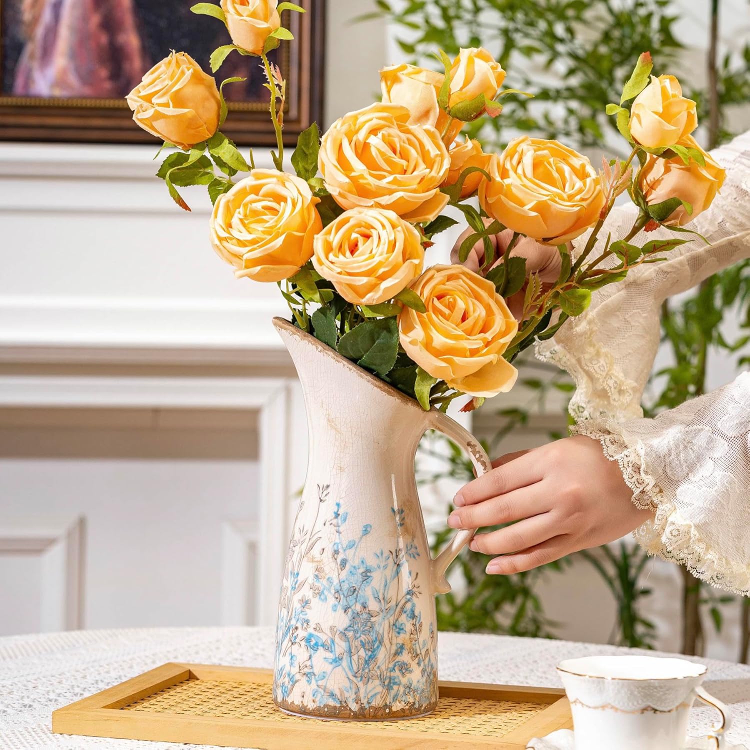 Vintage Ceramic Pitcher Vase with Handle, Farmhouse Blue and Brown Large Floral Vases, French Country Decorative Vase, Rustic Table Centerpiece for Home Decor Living Room, Bookshelf, Office 10.5 Inch