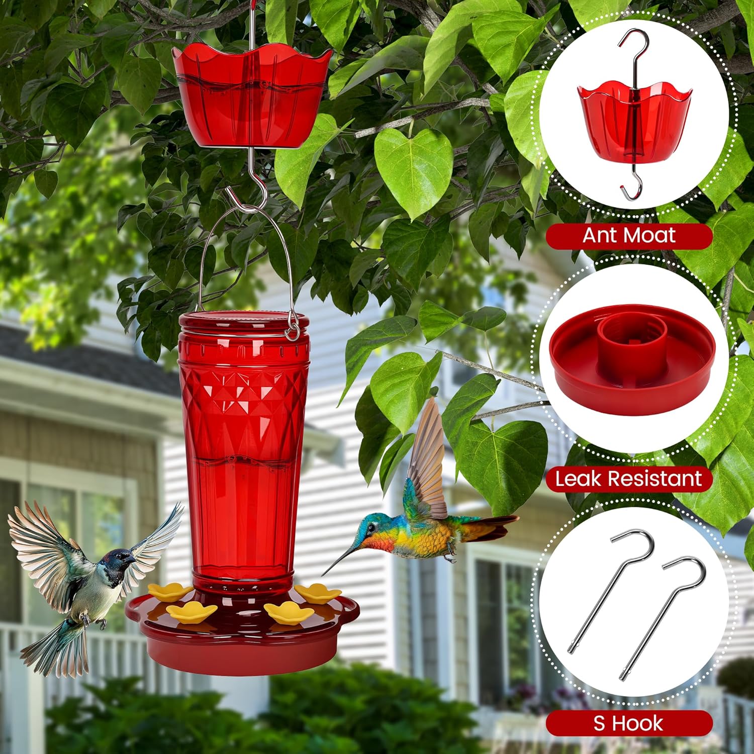 Hummingbird Feeder 2pack-14Ounces，5 Feeding Ports Glass Hummingbird feeders for Outdoors,Wide Mouth for Easy Filling/Cleaning，Hanging for Garden Backyard Decor, Includes Ant Moat (Red)