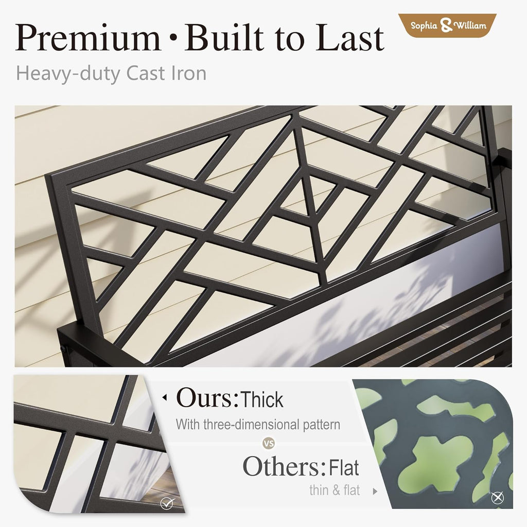 Sophia & William Outdoor Metal Bench Patio Garden Bench, Cast Iron Park Benches for Outside with Minimalist Backrest, Black