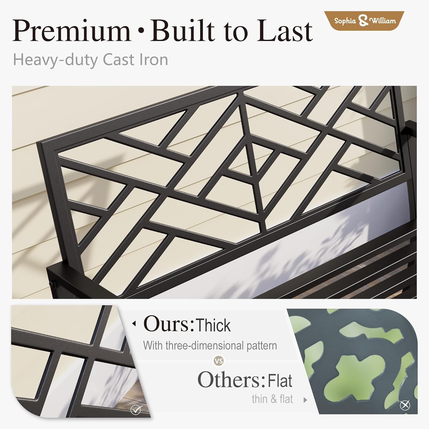 Sophia & William Outdoor Metal Bench Patio Garden Bench, Cast Iron Park Benches for Outside with Minimalist Backrest, Black