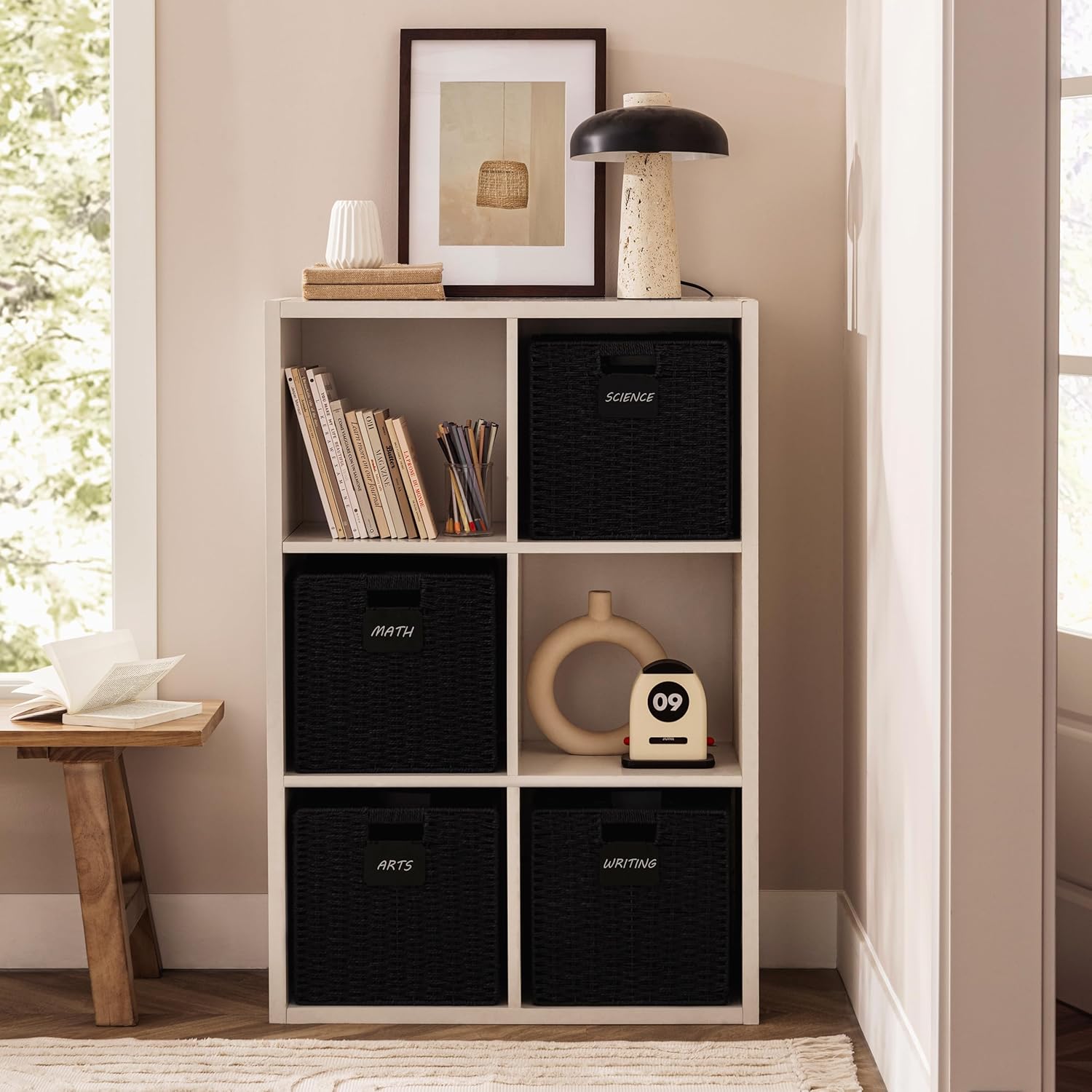 UBBCARE 2 Pack Wicker Basket, 12×12 Storage Cubes with Label, Foldable Cube Storage Bin with Handle, Square Storage Basket for Shelves, Woven Paper Rope Basket for Organizing, Black