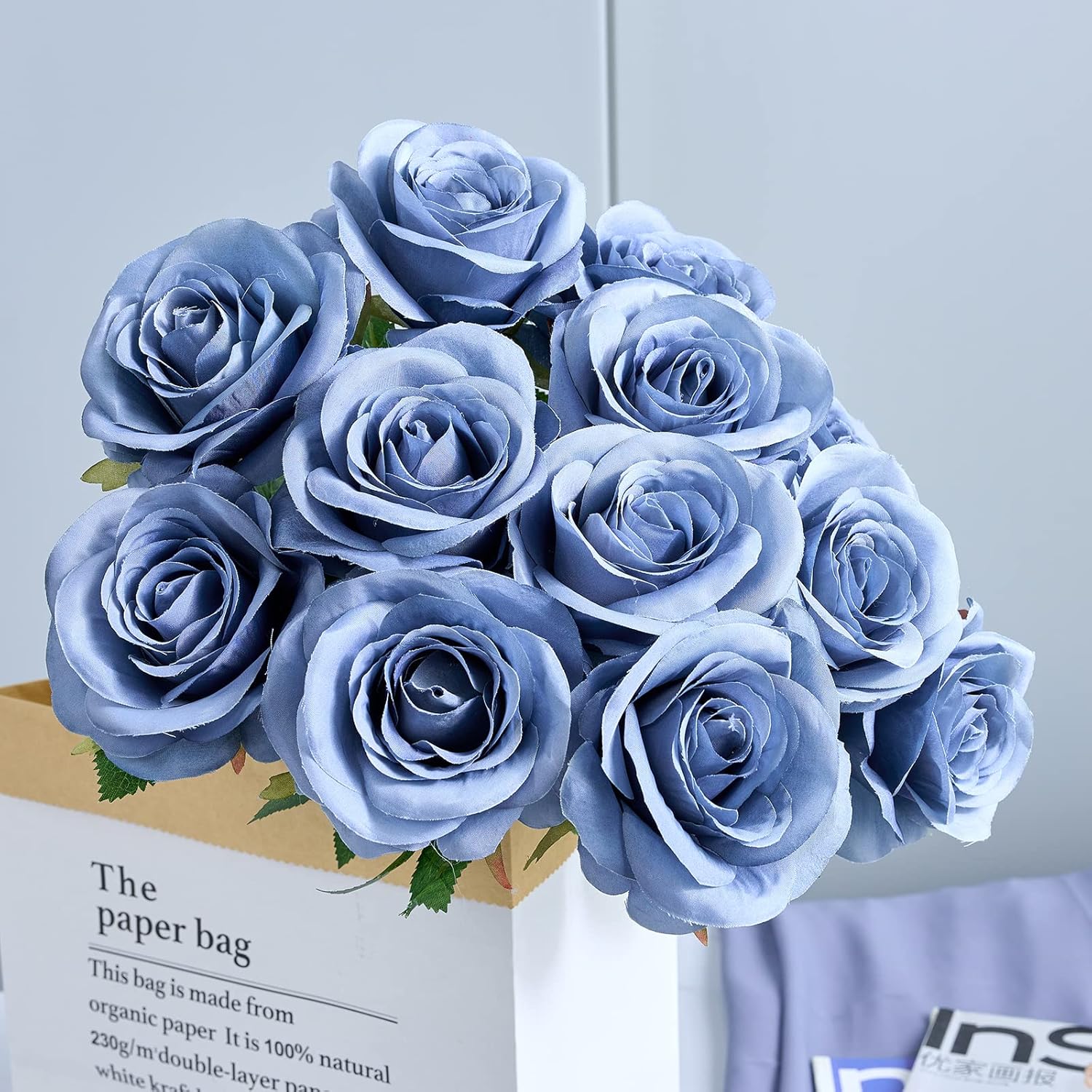 12pcs Rose Artificial Flowers Fake Roses Dusty Blue Silk Roses Blue Silk Flowers Rose with Long Stems for Wedding Home Party Centerpieces Decorations