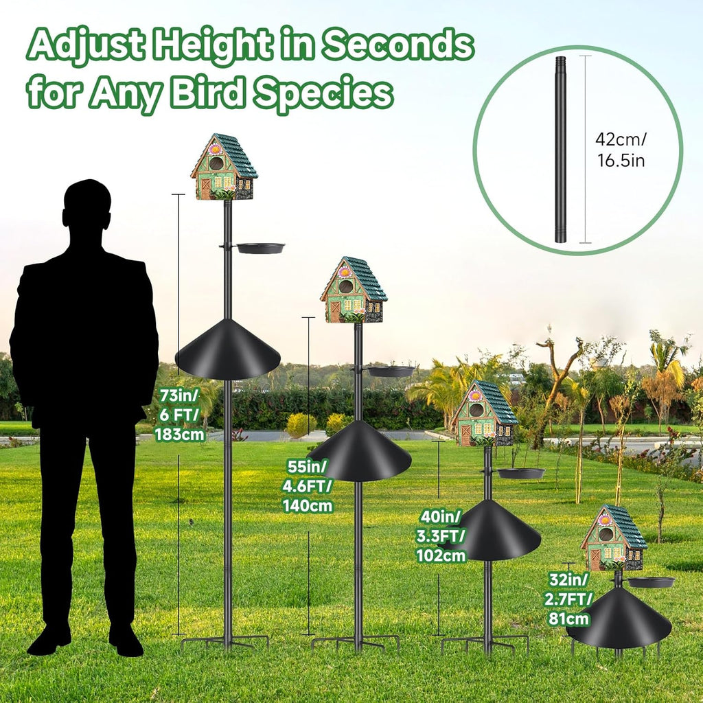 Smart Bird Feeder Pole with Squirrel Baffle & Bath-Heavy Duty Adjustable 3-6.6ft Universal Stand Mount for Backyard&Outdoor Bird Houses/Cameras (80'Pole-Baffle-Bath)