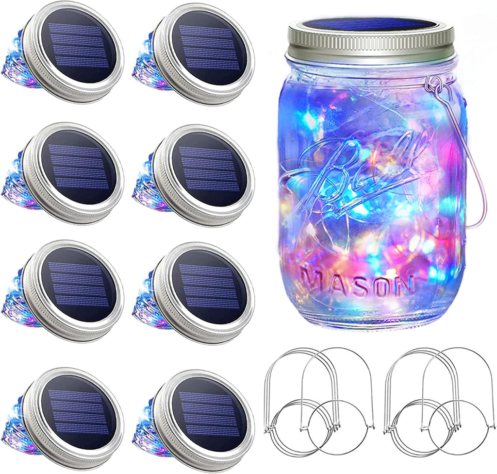 SunKite Solar Mason Jar Lights [Updated], 8 Pack 20 LED Waterproof Fairy Firefly Jar Lids String Lights with Hangers(NO Jars), Patio Yard Garden Wedding Decoration(Multi-Colored)