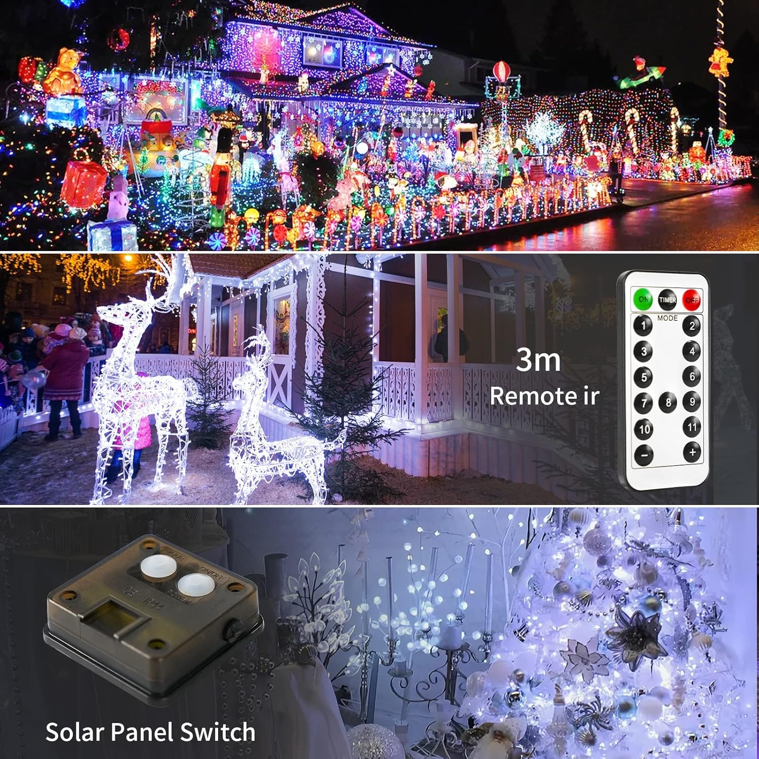 JMEXSUSS 2 Pack Solar Christmas Lights Outdoor Waterproof, 100 LED 33ft White and Multicolor Color Changing Solar Fairy Lights, Copper Wire Solar String Lights for Outside Yard Christmas Decorations