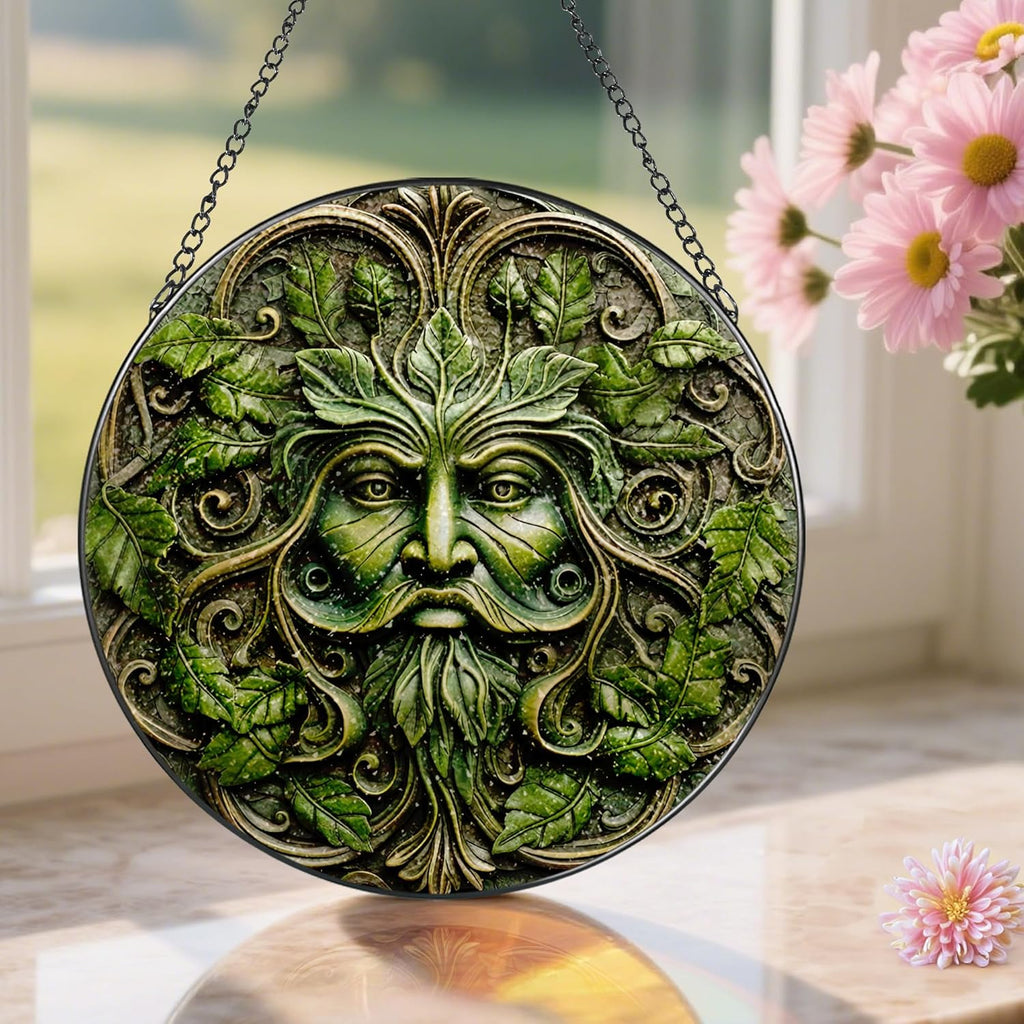 Green Man Stained Glass Suncatcher, Stained Glass Window Hanging, 8 Inch Window Decor Hanging, Gift for Garden Lovers, Fathers Day Birthday Gifts for Dad Grandpa Man Bother Husband Lover