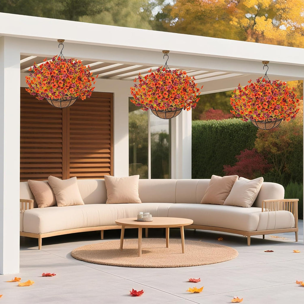 2 Pack Fall Artificial Hanging Flowers Baskets for Outdoors, UV Resistant Fake Fall Hanging Plants, Faux Orange Flowers for Autumn Patio Front Porch Balcony Decor (Orange Red)