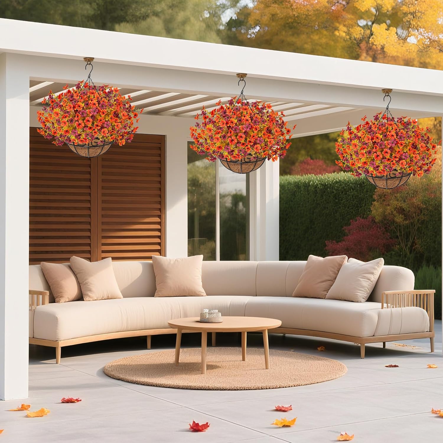 2 Pack Fall Artificial Hanging Flowers Baskets for Outdoors, UV Resistant Fake Fall Hanging Plants, Faux Orange Flowers for Autumn Patio Front Porch Balcony Decor (Orange Red)