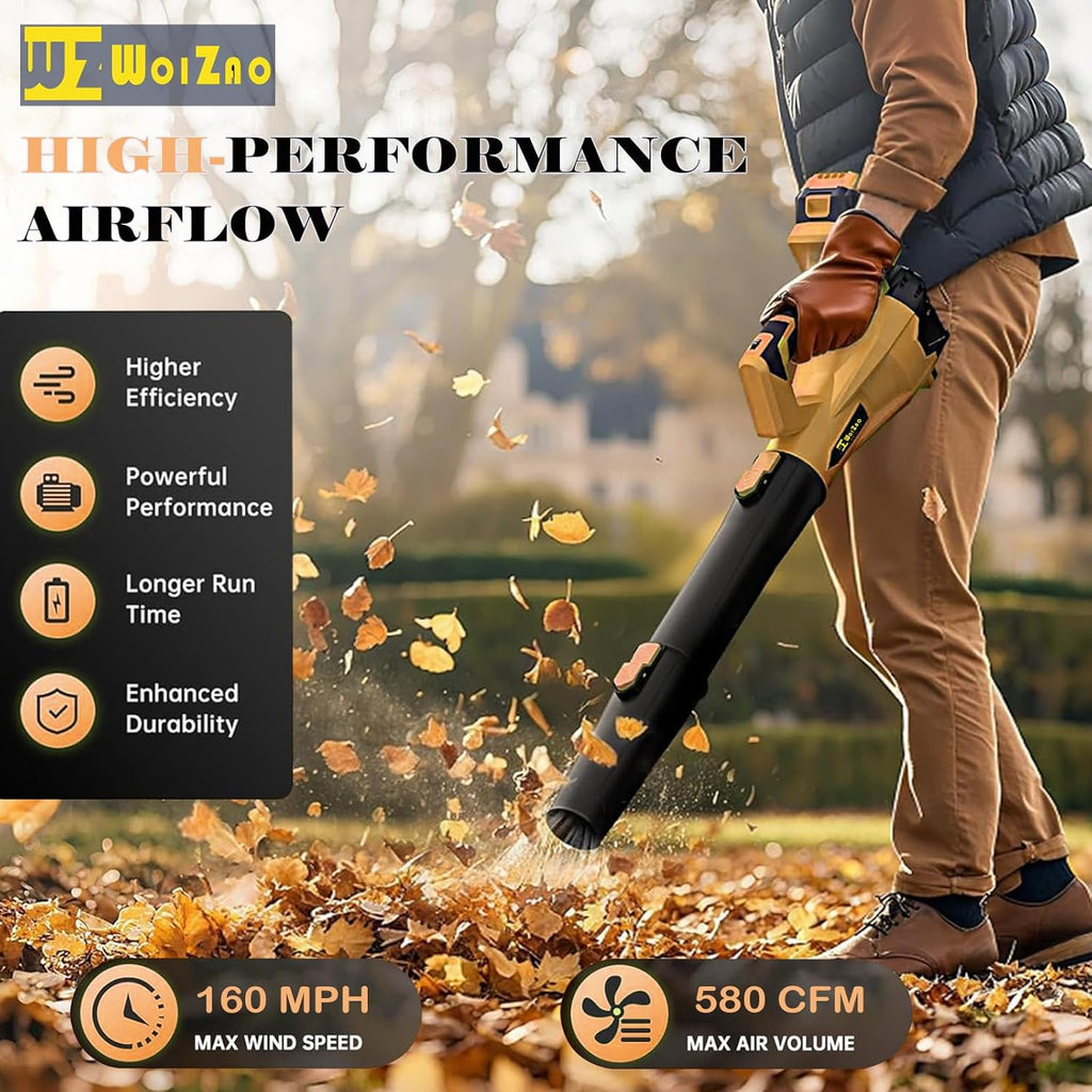 Electric Leaf Blower Cordless with 2X 4.0Ah 21V Battery and Charger,6 Speed Mode 580CFM 160MPH Extension Tube Handheld Blower for Lawn Care,Blowing Leaves,Dust,Snow,Patio,Yard