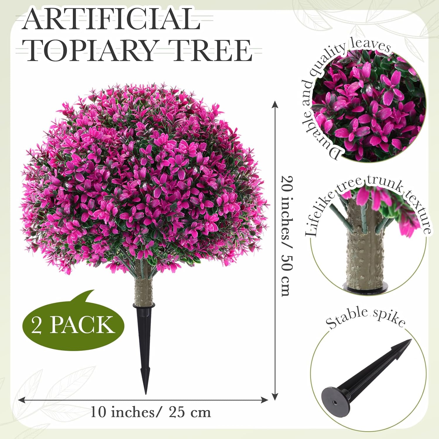 Yunlly 2 Pack 18" Artificial Boxwood Ball Bush Topiary Trees Fake Outdoor Plants, Realistic UV Resistance Faux Shrubs with Spike Greenery Topiary for Front Porch Garden Yard Patio Indoor (Fuchsia)