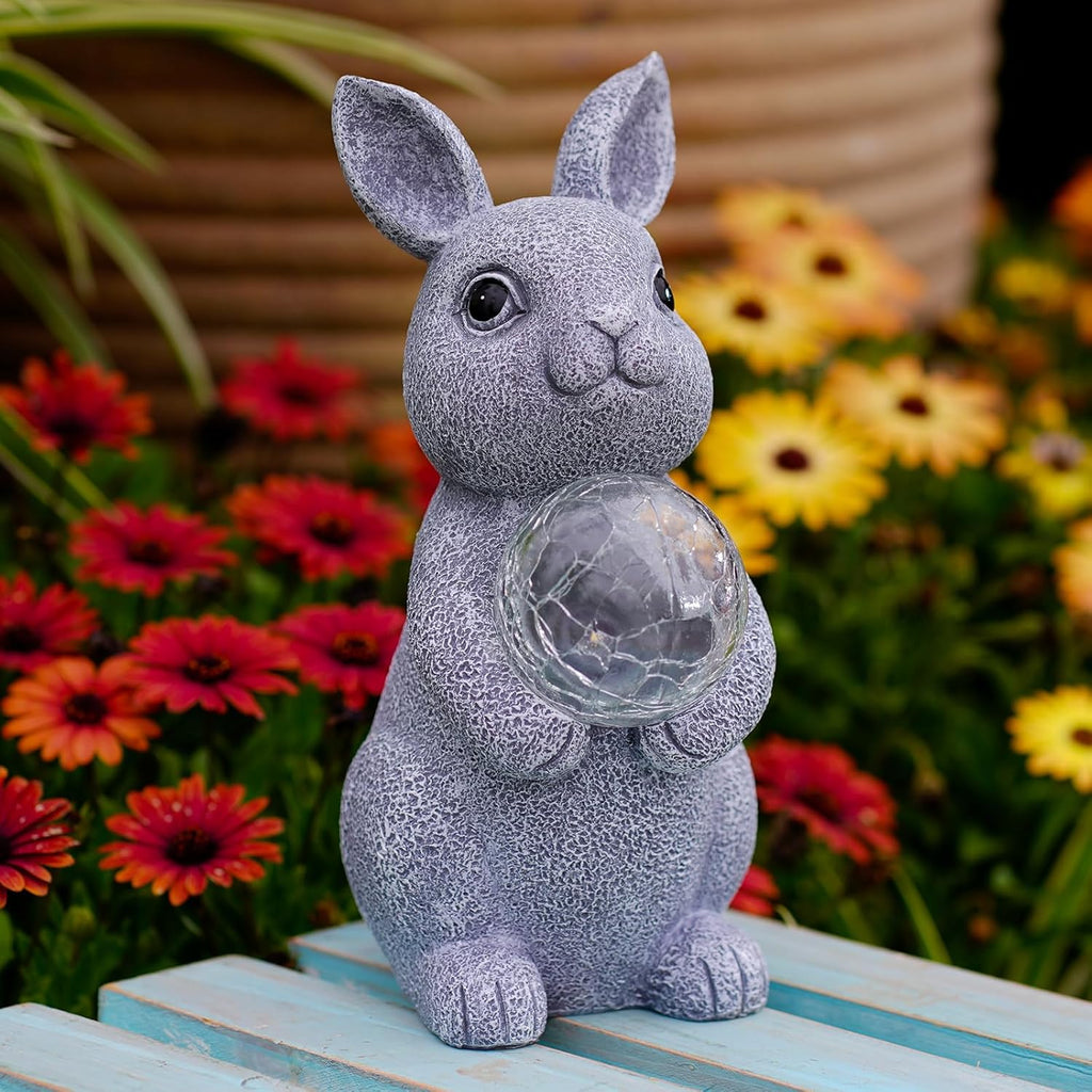 Solar Garden Outdoor Statues Bunny with Gazing Ball - Outdoor Decor Garden Rabbit Statue for Patio, Balcony, Yard, Lawn Ornament - Unique Housewarming Gifts