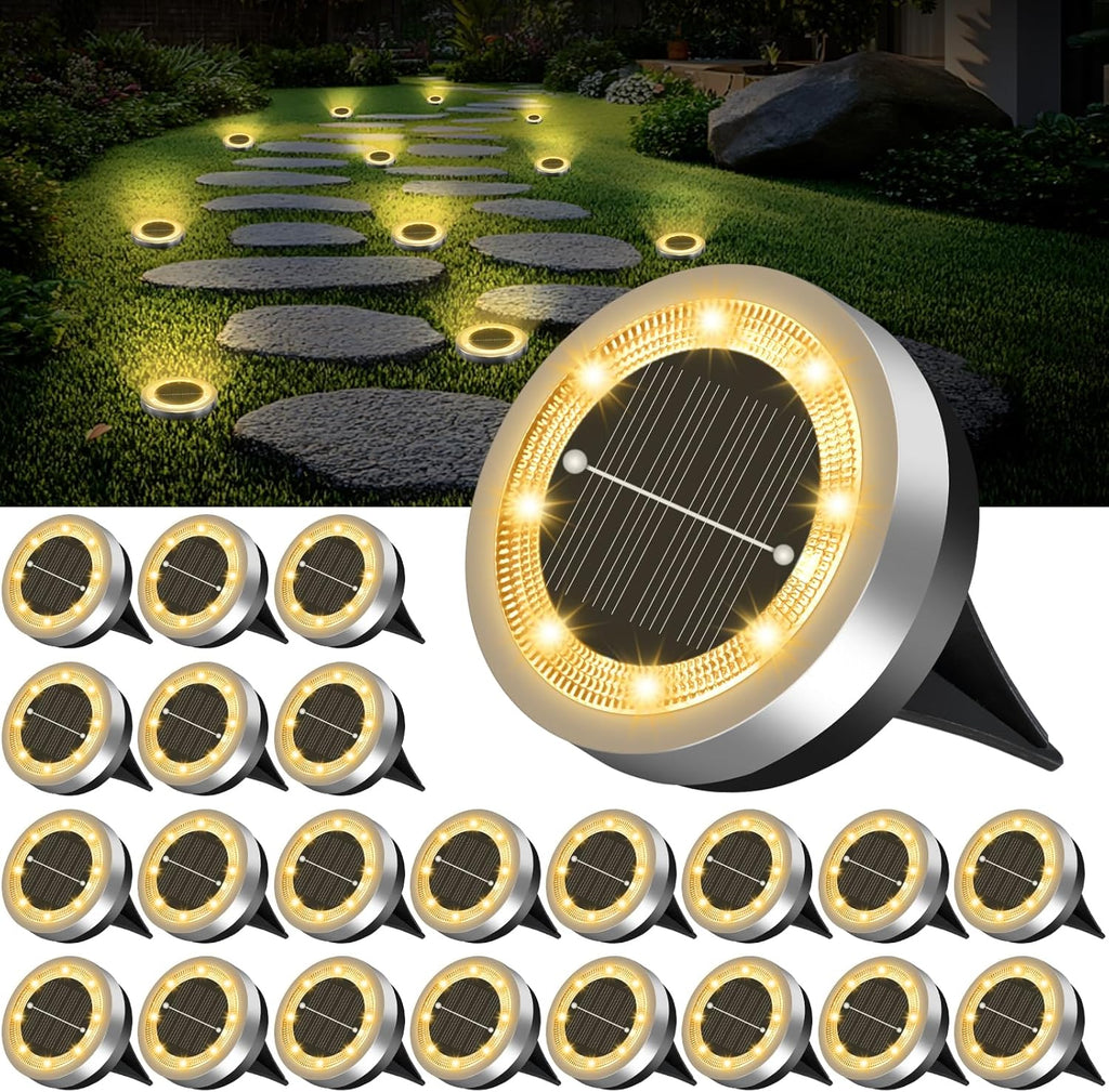 Mini Solar Ground Lights Outdoor 24 Pack Waterproof Upgraded Anti-Rust Solar Flat Garden Lights Stainless Steel Solor Powered Disc Landscape Light for Pathway Walkway Yard Lawn Patio-Warm White