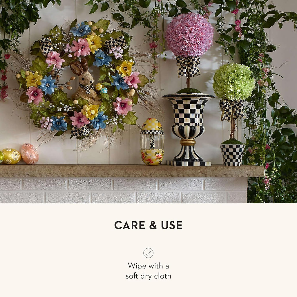 MACKENZIE-CHILDS Pedestal Tabletop Urn, Decorative Centerpiece for Table, Mantel, or Shelf, Tall, Black-and-White Courtly Check