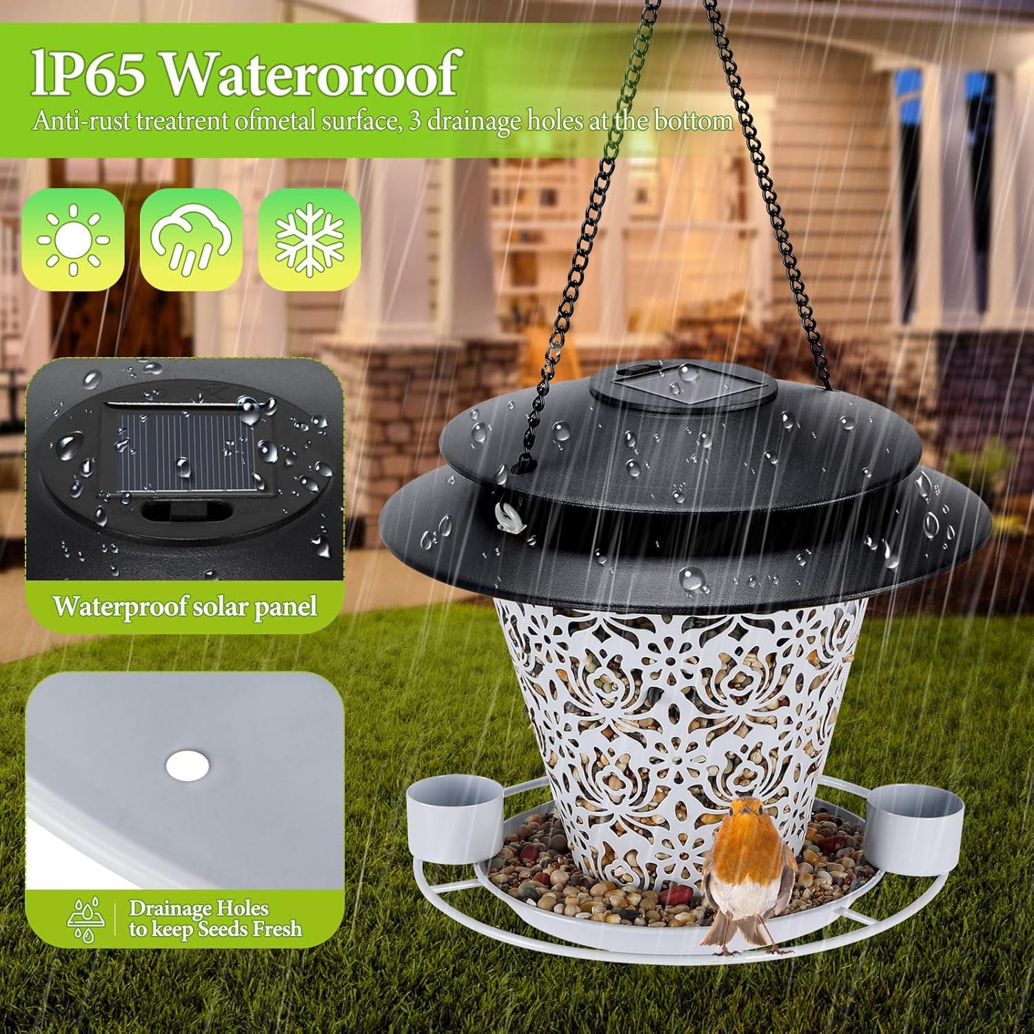 Solar Bird Feeders for Outside Hanging Metal Wild Bird Feeder Solar Lanterns Outdoor Waterproof Garden Decor for Yard White