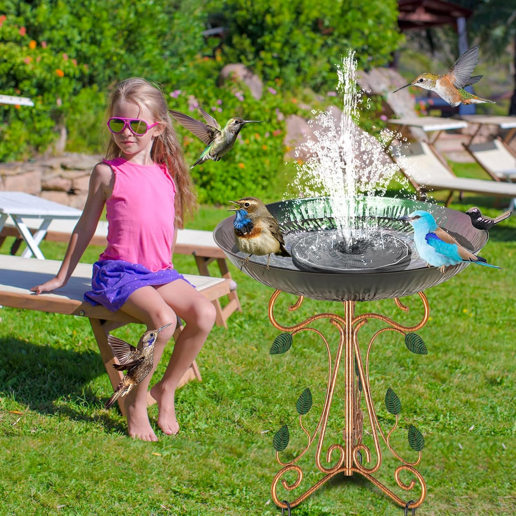 Vintage Metal Bird Bath for Outside, 13" Dia Birdbaths Bowl with Cast Iron Pedestal, Large Antique Bird Feeder with Folding Bracket for Outdoors Garden Patio Yard Decor (Purple Lotus)