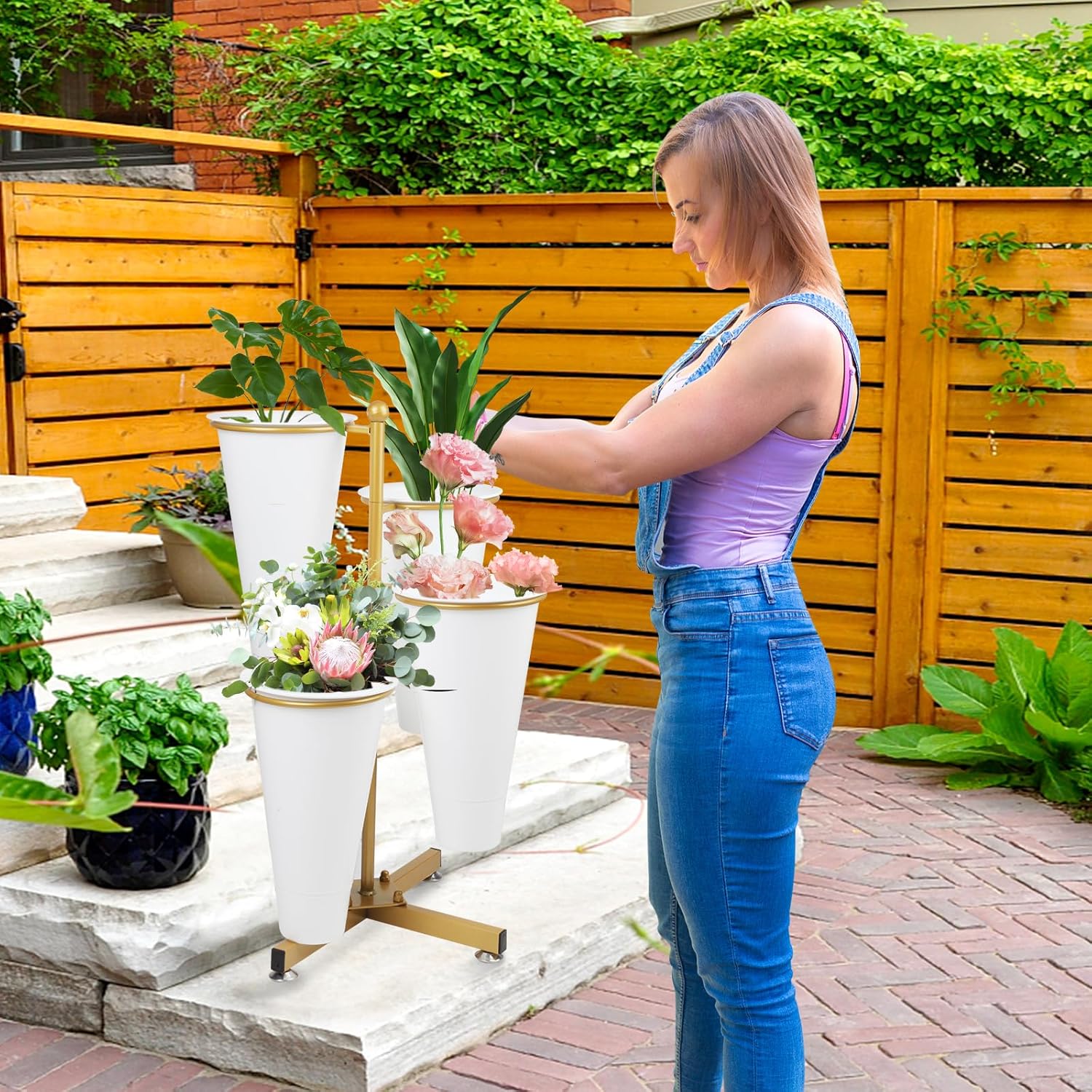 Flower Display Stand with 4 Bucket,Floral Stand with Foldable Frame for Silk Fresh Flowers,4 Tier Florist Shelf Plant Cart for flower shop Garden Living Room,Easy to Install (Gold Shelf+ White Bucket)