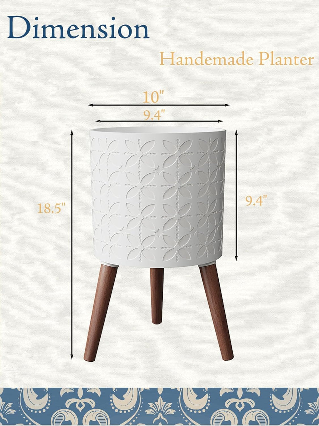 10 Inch Planter Pot with Stand, Planter for Indoor Plants, Modern Large Flower Planter Pot with Drainage Holes for Outdoor,Matte White