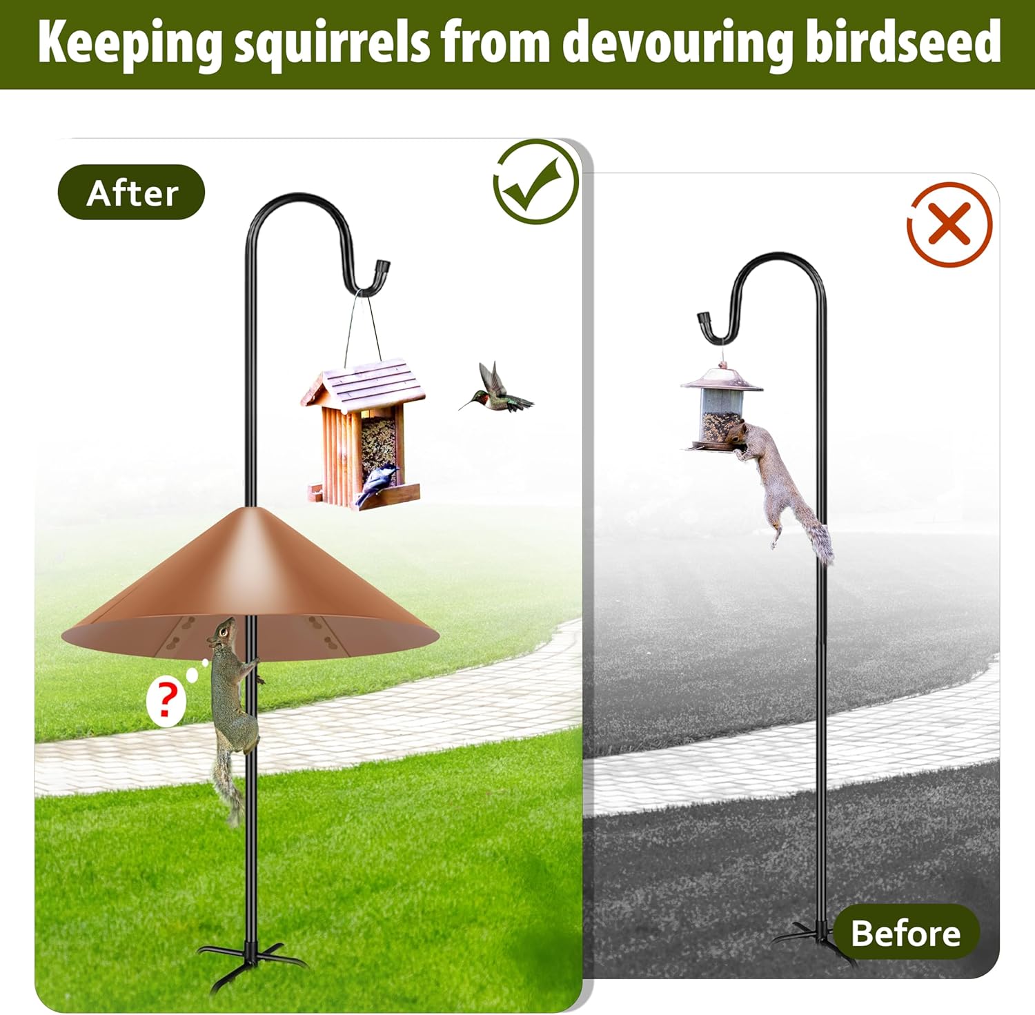Squirrel Baffle for Bird Feeder Pole, 19-Inch Outdoor Bird Feeder Guard, Squirrel-Proof Birdhouse Baffles, Shepherd's Hook for Outside(Brown)