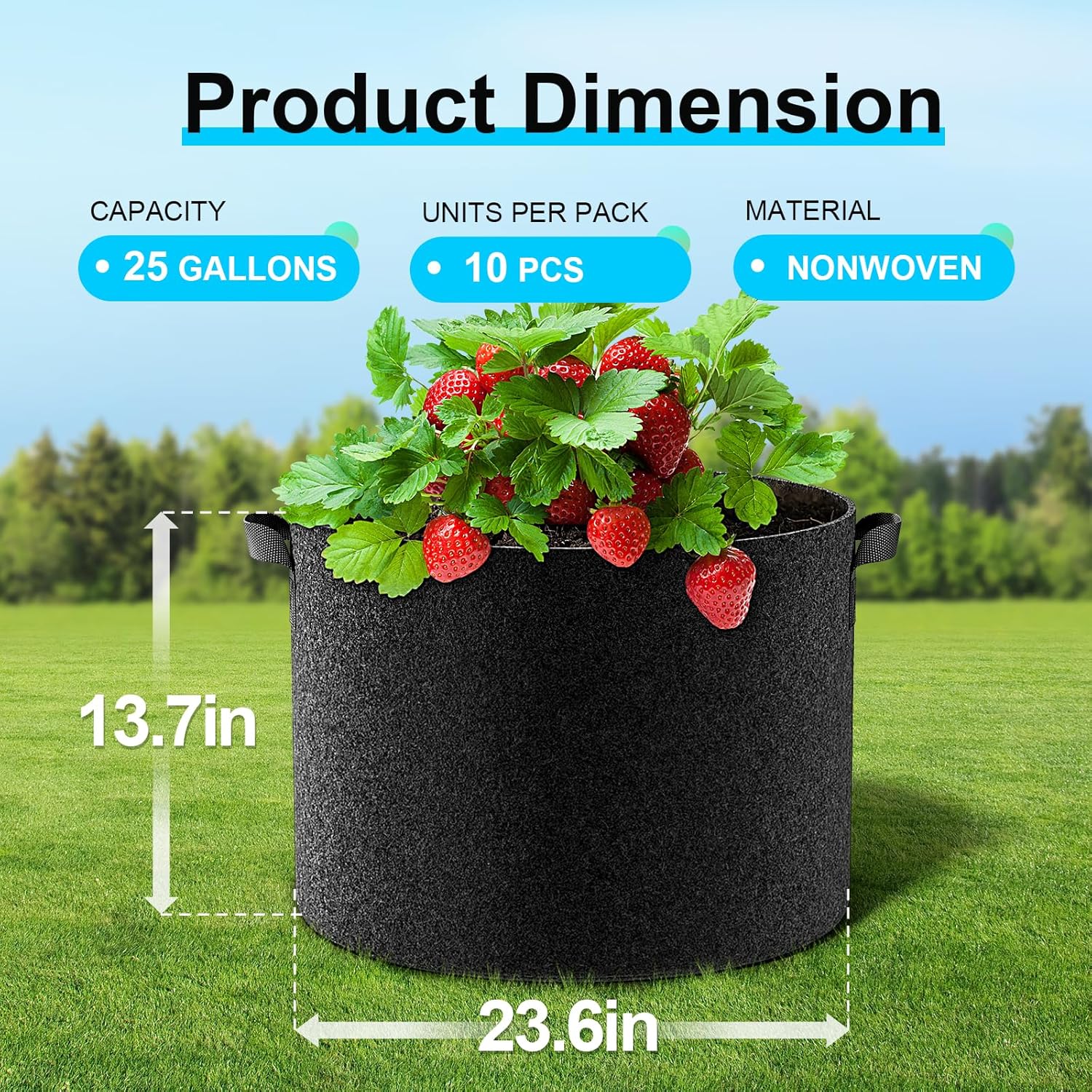Land Guard 10-Pack Fabric Grow Bags 25 Gallon, Thickened Nonwoven Garden Pots, Growing Bags with Handles, Black