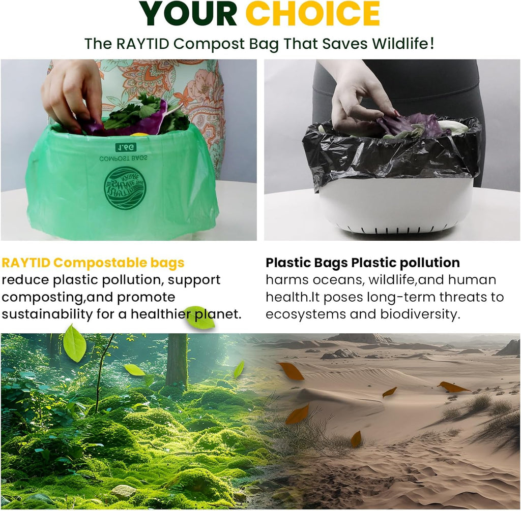 RAYTID 120 Counts 1.6 Gallon (1.6-1.75-2 Gal) Compost bin kitchen Bags, Strong compost bags for countertop bin, Fit 4.5,6,7,8 Liters.ASTM D6400, US BPI and Europe OK compost HOME certified