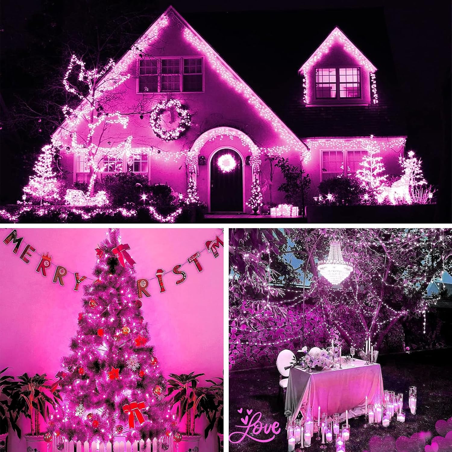 Solar String Lights Outdoor, 2-Pack Total 80FT 200 LED Solar Christmas Twinkle Lights Outside Waterproof Copper Wire 8 Modes Solar Fairy Lights for Garden Tree Party Birthday Christmas Decor (Pink)