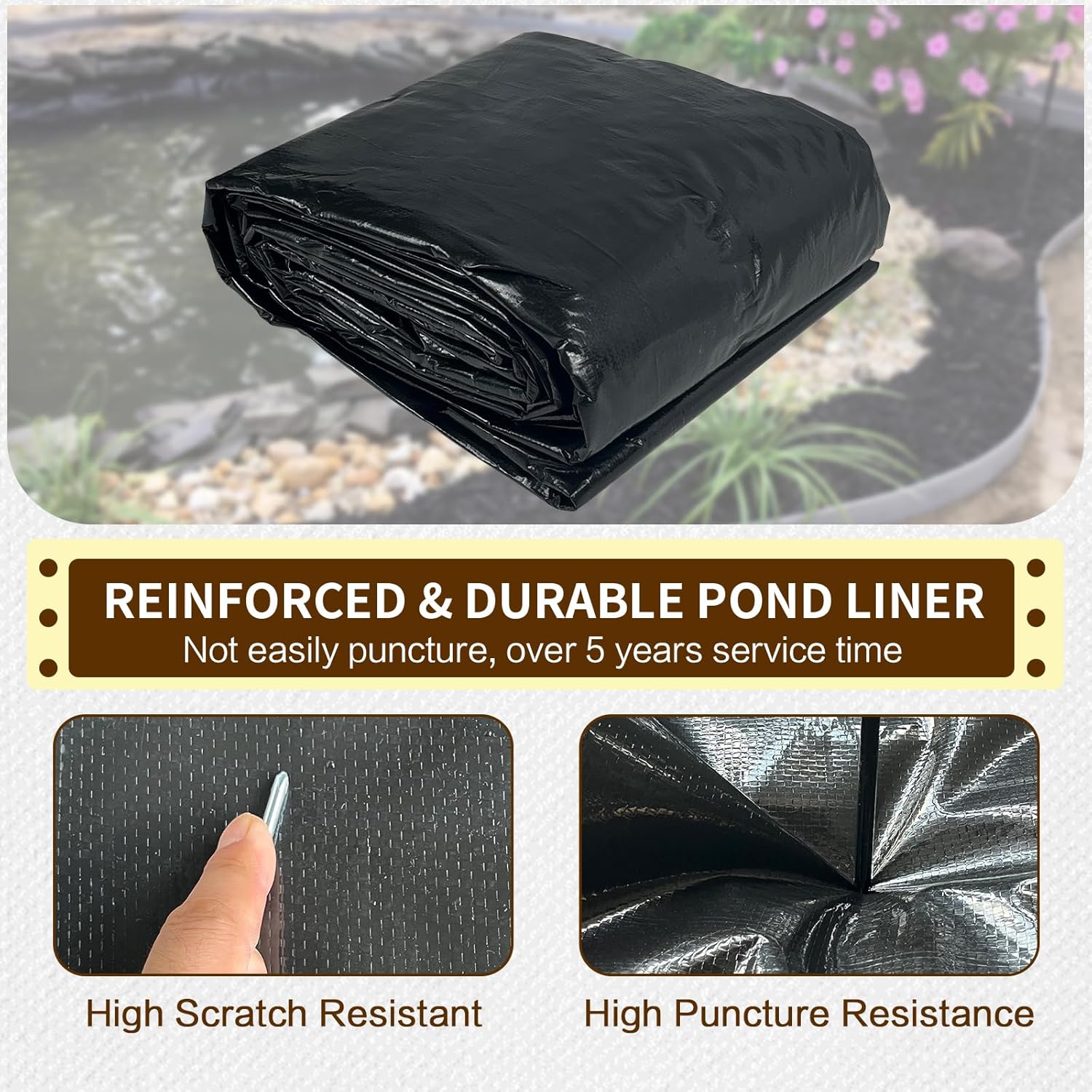 yeezoo 25X25FT Reinforced Large PE Pond Liner, KOI Pond Liners for Outdoor Ponds, Enhanced 5-Layer Structure Pond Liner for Fish, Duck, Garden Raised Bed and Waterscape Pond(0.63oz/sq ft Thickness)