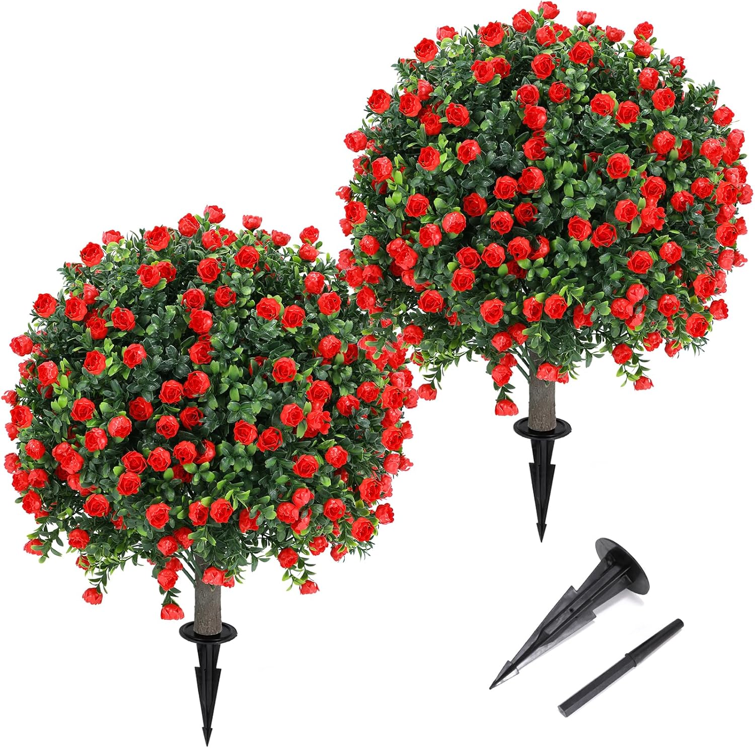 Artificial Red Rose Topiary Ball Tree 25" with Ground Spike, Set of 2 Artificial Boxwood Bushes for Faux Shrubs, Fake Evergreen Faux Plant for Indoor Outdoor Porch Garden -UV Resistant–Fade-Proof