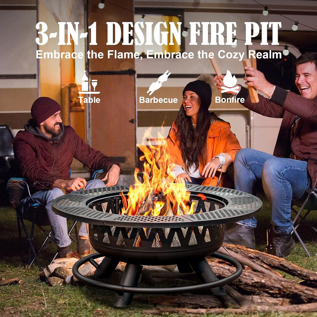 36 Inch Fire Pit with 2 Grills, Large Outdoor Firepits for Outside, Wood Burning Fireplace for Camping,Picnic,Bonfire, 3-in-1 Round Metal Table with Lid for Backyard,Patio,Party