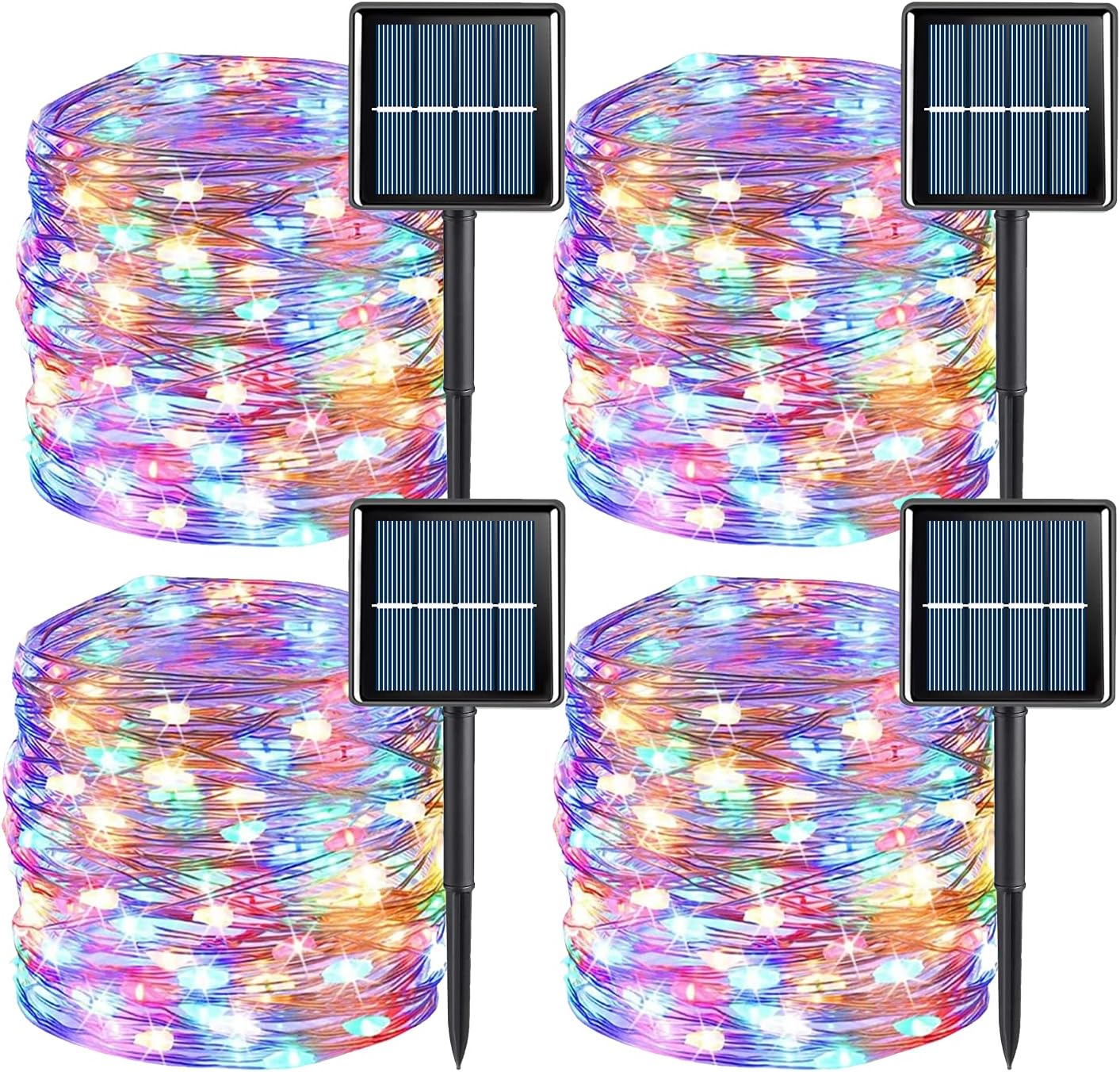 YEGUO Solar Fairy Lights Outdoor Waterproof, 4 Pack Each 33ft 100 LED String Lights, 8 Modes Silver Wire Twinkle Lights (Multicolor)