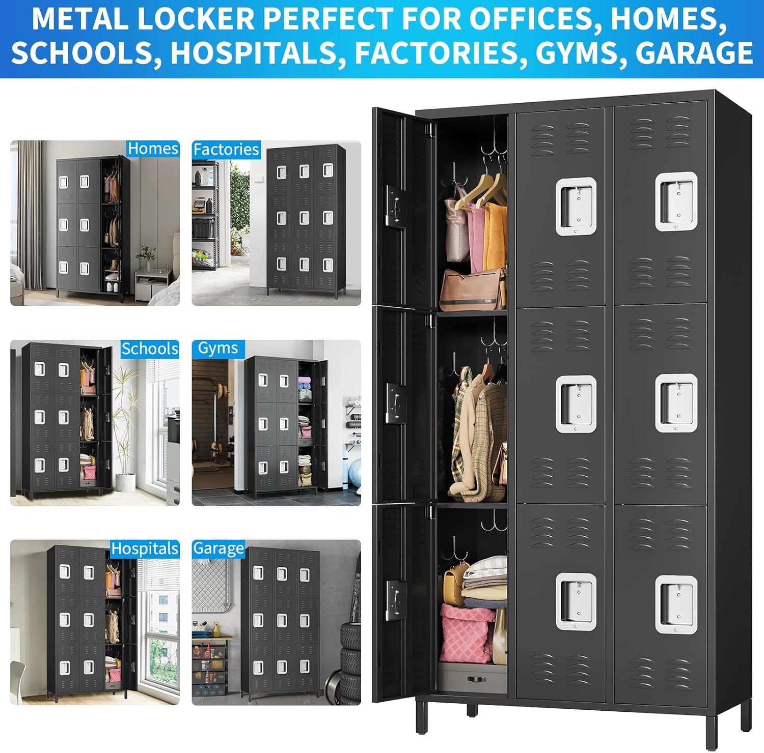 72" Metal Lockers for Employees with 9 Door, Black Metal Storage Cabinet with 27 Hooks, Industrial Locker, Assembly Required, for Gym, School, Classroom, Home, Office, Industrial