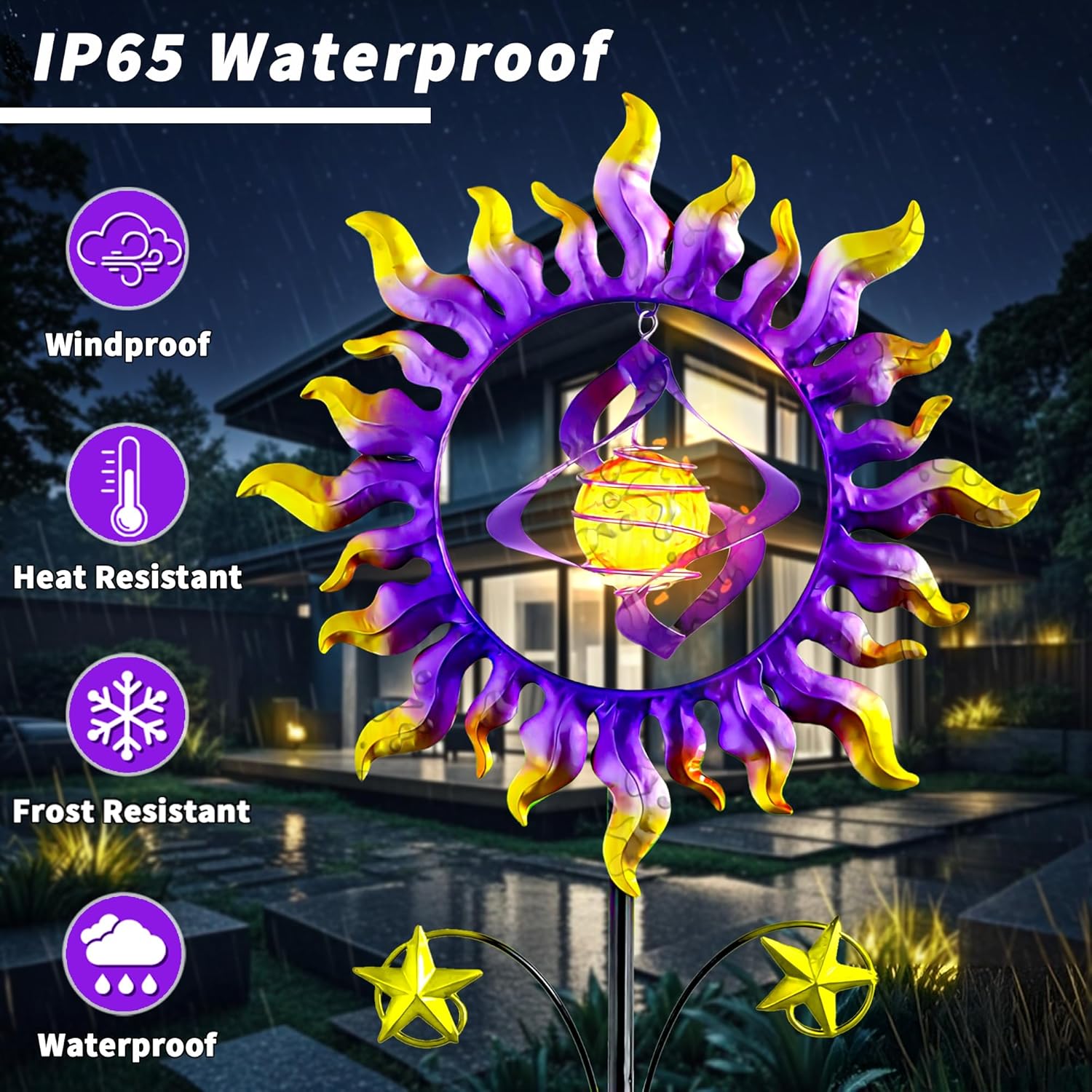 60 in Solar Wind Spinners for Yard and Garden, Sun and Stars Wind Sculptures Outdoor Clearance Kinetic Windmills with 360° Rotating Solar Lamp Ball for Patio, Lawn Xmas Garden Decor