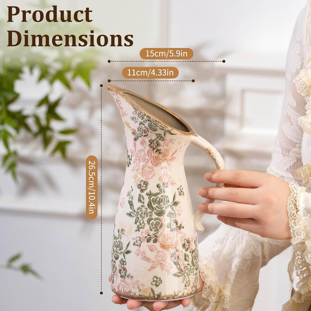 Vintage Ceramic Pitcher Vase with Handle, Farmhouse Green and Pink Large Floral Vases, Chinoiserie Decorative Vase, Rustic Table Centerpiece for Home Decor Living Room, Bookshelf, Office 10.5 Inch