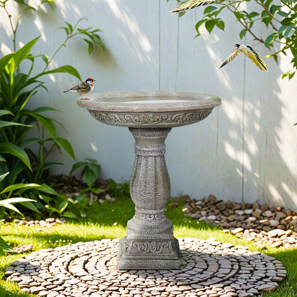 SunJet 23.8” H x 20” Dia Outdoor Birdbath with Exquisite Carvings Pedestal - Fibre Reinforced Concrete Birdbaths, Neoclassical Style Design for Garden Decor & Bird Attraction
