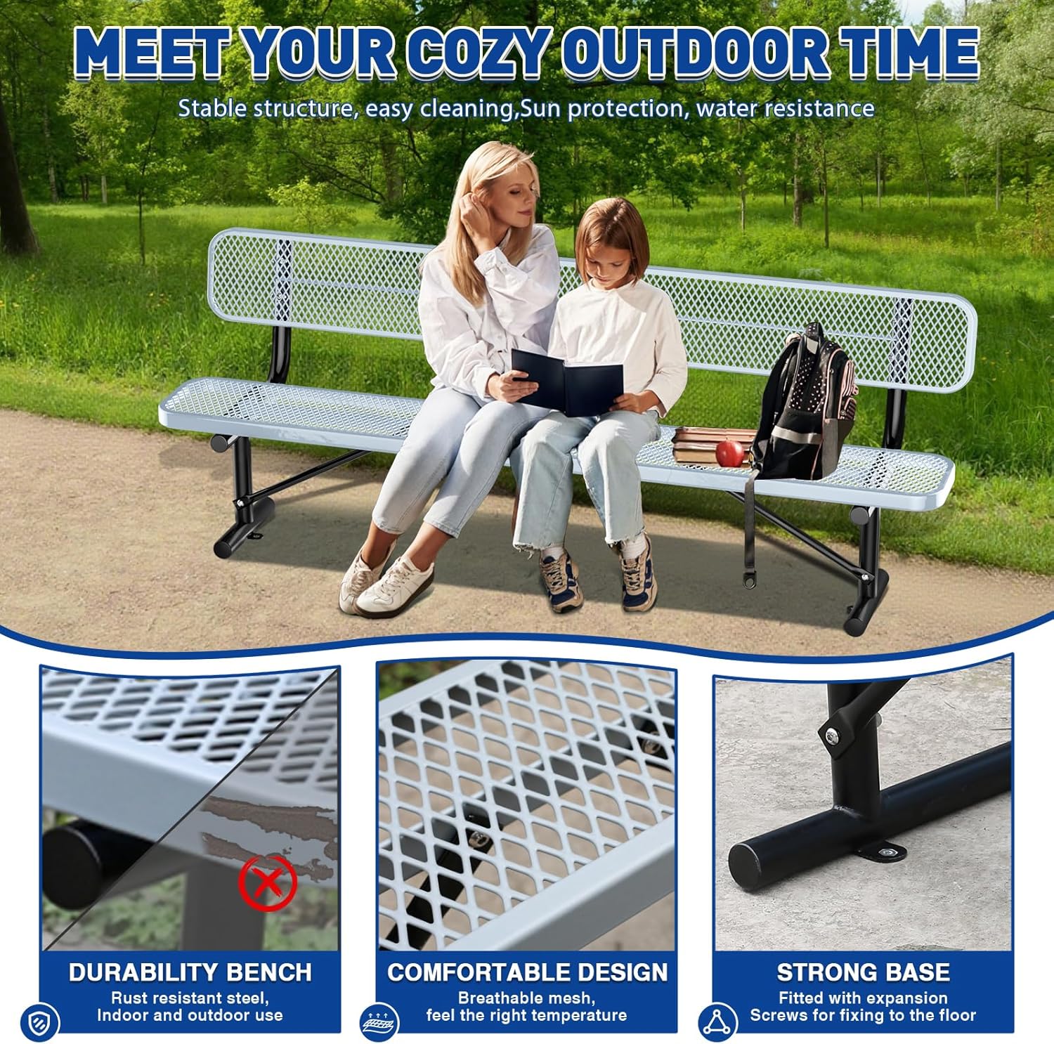 8Ft Heavy Duty Park Bench with Back Portable Frame, Outdoor Steel Bench with Backrest, Expanded Metal Mesh Bench for Lawn, Park, Deck, Garden, Patio, Porch, Grey