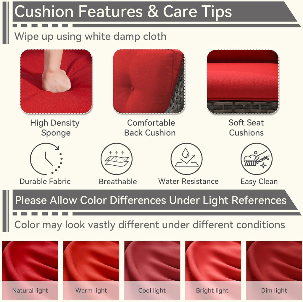 1 PC Outdoor Rocking Chair, Wicker Patio Rocker Chair for Yard, Porch, Mixed Brown Grey Rattan, Red Cushions