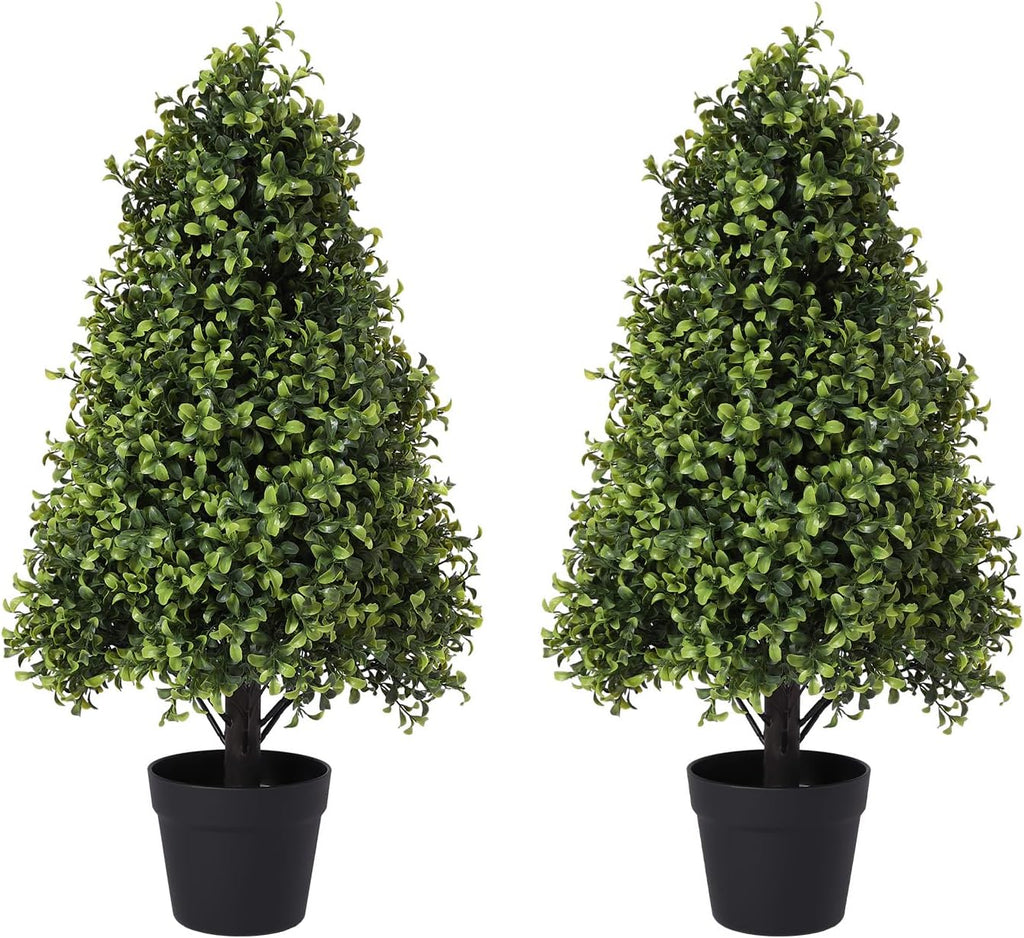 30" Artificial Boxwood Topiary Trees Outdoor Set of 2 - UV Resistant Faux Plants for Front Porch Outside Planter, Realistic Fake Cone-Shaped Bushes & Shrubs 2.5ft
