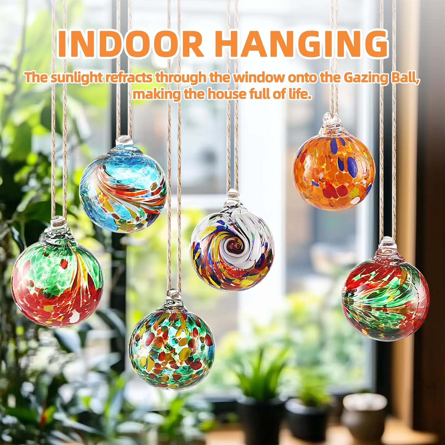 VOREEN 6pcs Hand-Blown Glass Ornaments Balls Hanging Gazing Ball Friendship Ball Glass Witches Balls for Outdoor Garden Patio Window Home Décor, Gift for Mom Wife Friend