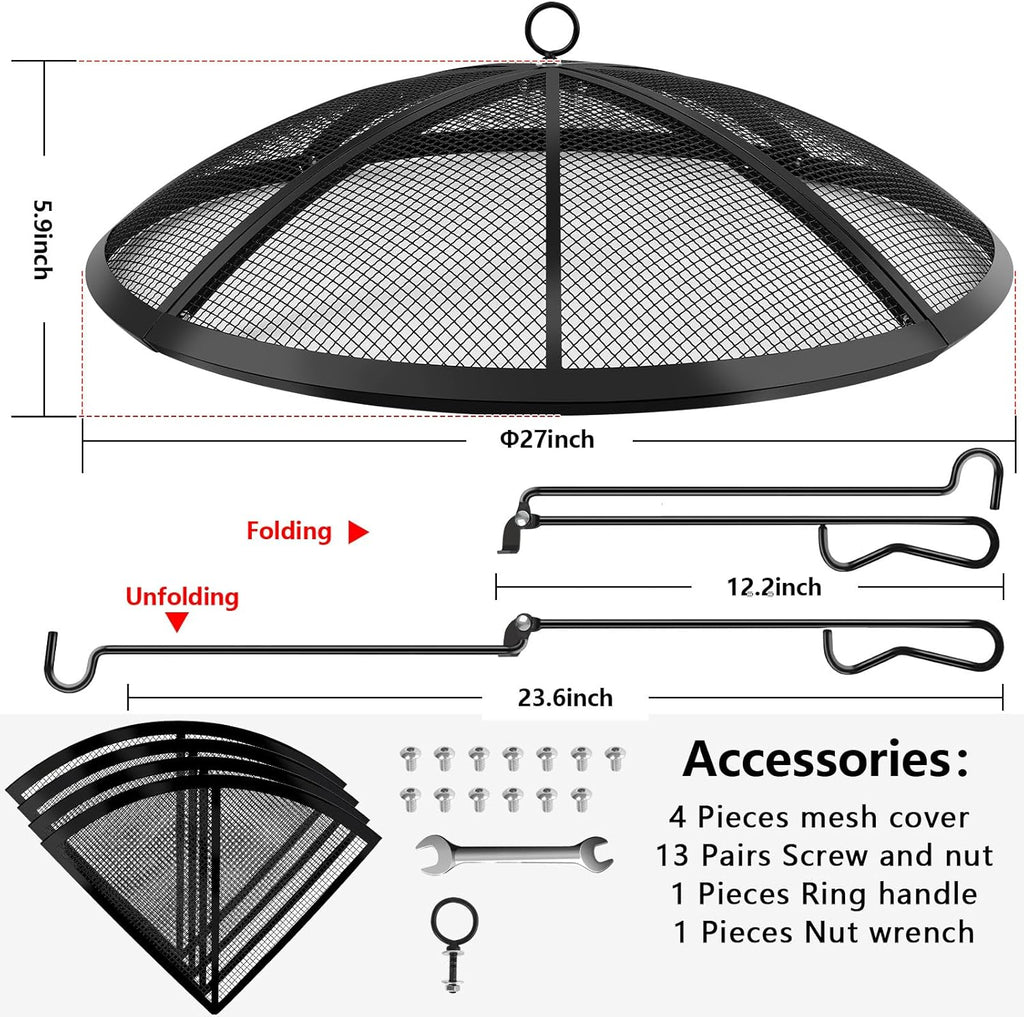 Fire Pit Spark Screen, Fire Pit Screen 27 Inch Round with Handle & Poker, Collapsible Heavy Duty Mesh Fire Pit Cover Fire Pit Lid for Outdoor/Patio/Backyard/RV Camping/Beach