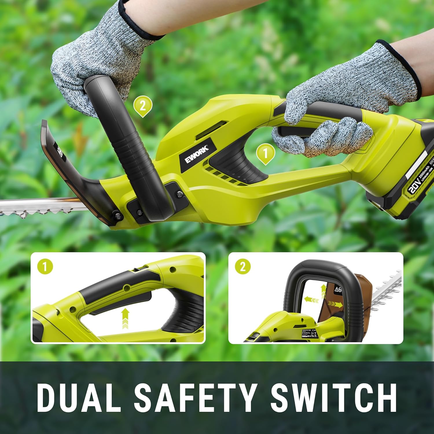 EWORK Hedge Trimmer Cordless 22-Inch Electric Bush Trimmer, 5/8" Cutting Capacity, 20V Battery Powered Lightweight Handheld Shrub Trimmers with Battery and Charger for Garden, Yard