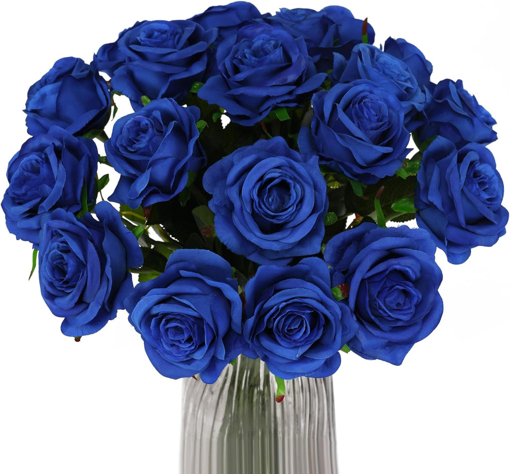 Blue Fake Roses Artificial Flowers - 10 Pcs Fake Artificial Roses Silk Flowers with Stems for Home Wedding Hotel Office Centerpiece Decor