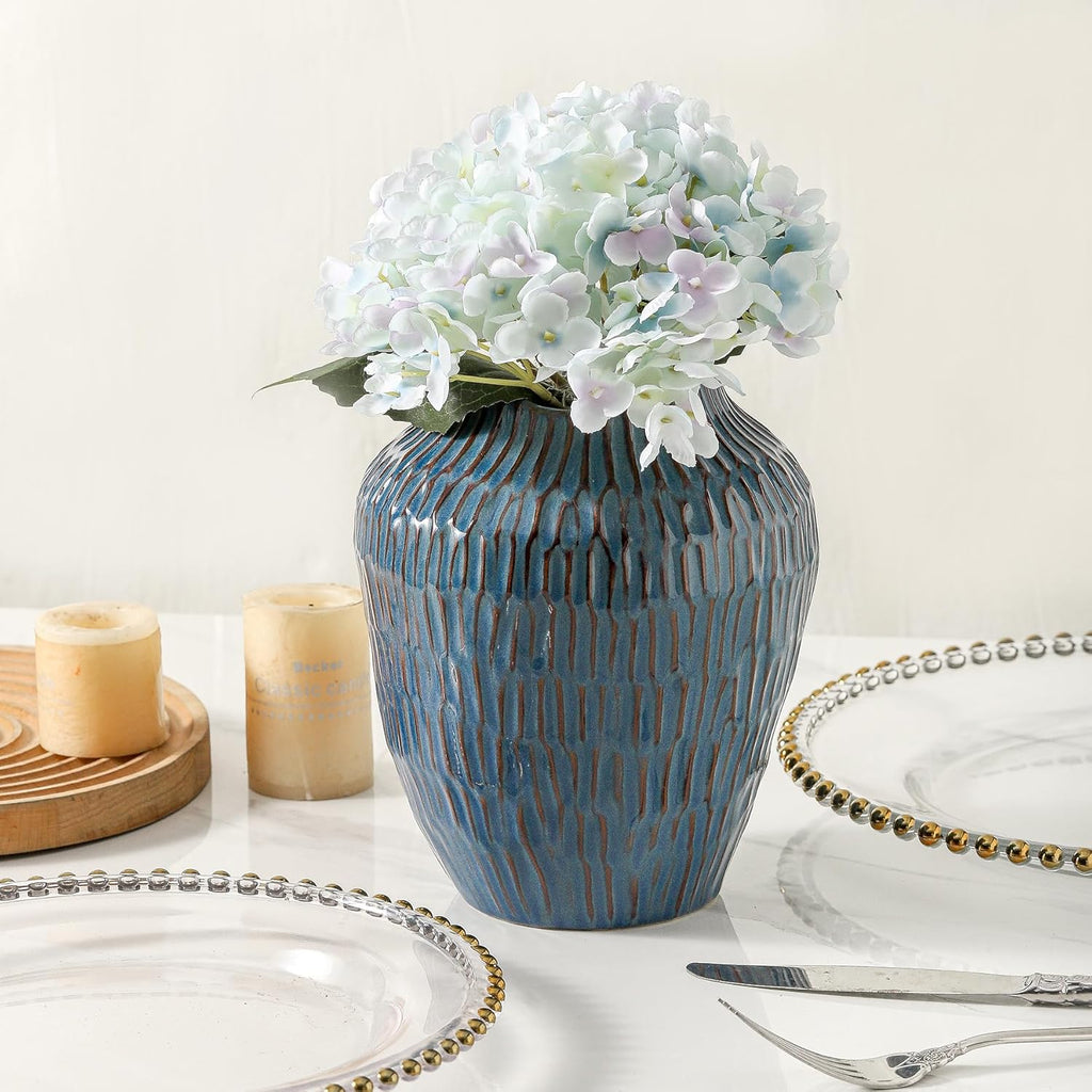 Blue Ceramic Vase for Home Decor,7.8 Inch Flower Vases，Decorative Vase for Pampas Grass，Modern Art Texture Vases for Home Entryway Living Room Dining Table Farmhouse Office Decor- Blue