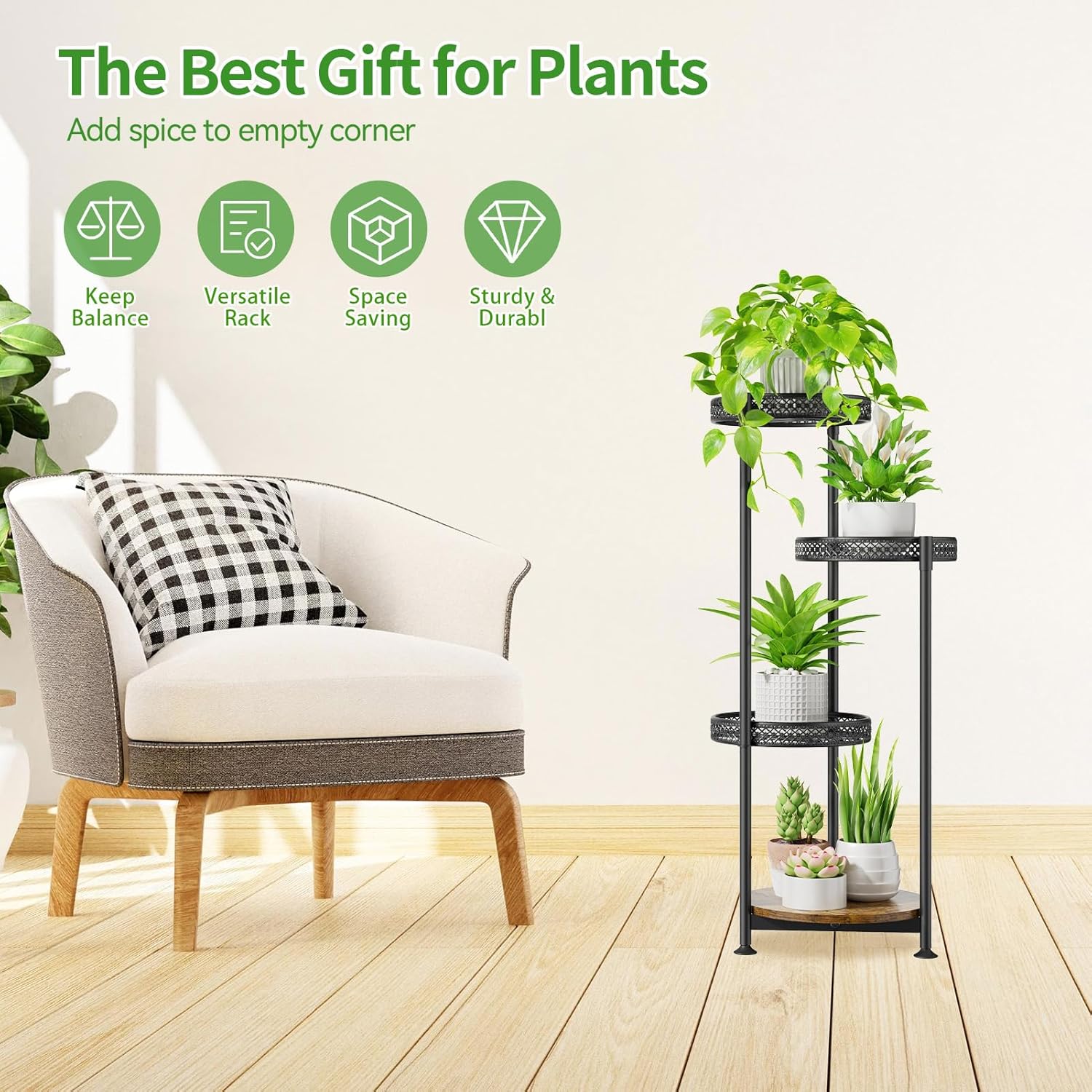 4 Tier Plant Stand Indoor Outdoor, Metal Flower Pot Shelf Holder Clearance, Tall Corner Rack for Multiple Plants, Modern Organizer Display for Patio Orchid Office Porch Living Room Garden, Black