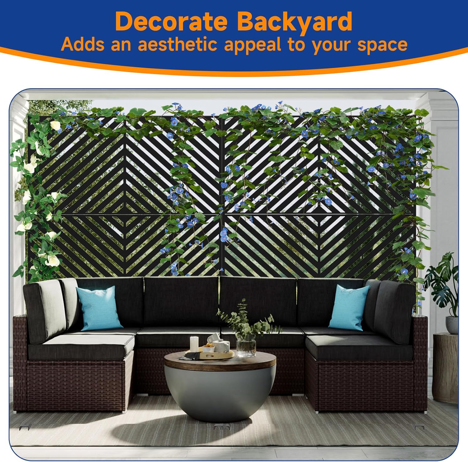 Metal Privacy Screen 72" H x 47.2" Decorative Outdoor Privacy Screen Privacy Panel with Stand for Balcony Deck Patio Lawn Garden, Privacy Fence (Black-Arrow)