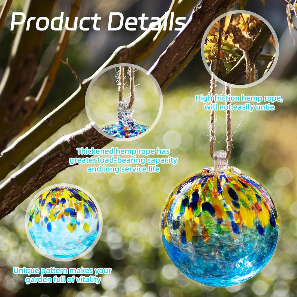 VOREEN 4" Hanging Glass Garden Gazing Ball Hand Blown Glass Witch Ball Christmas Ornament Friendship Balls for Outdoor Garden Patio Window Home Décor, Gift for Mom Wife Friend, Blue Ocean